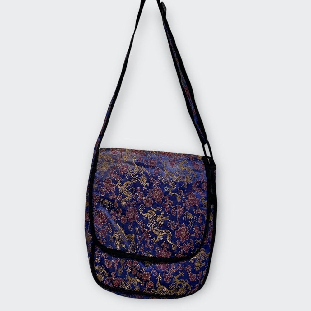 Vintage Oriental 100% Silk Brocade Dragon Crossbody Shoulder Bag Boho Mystical